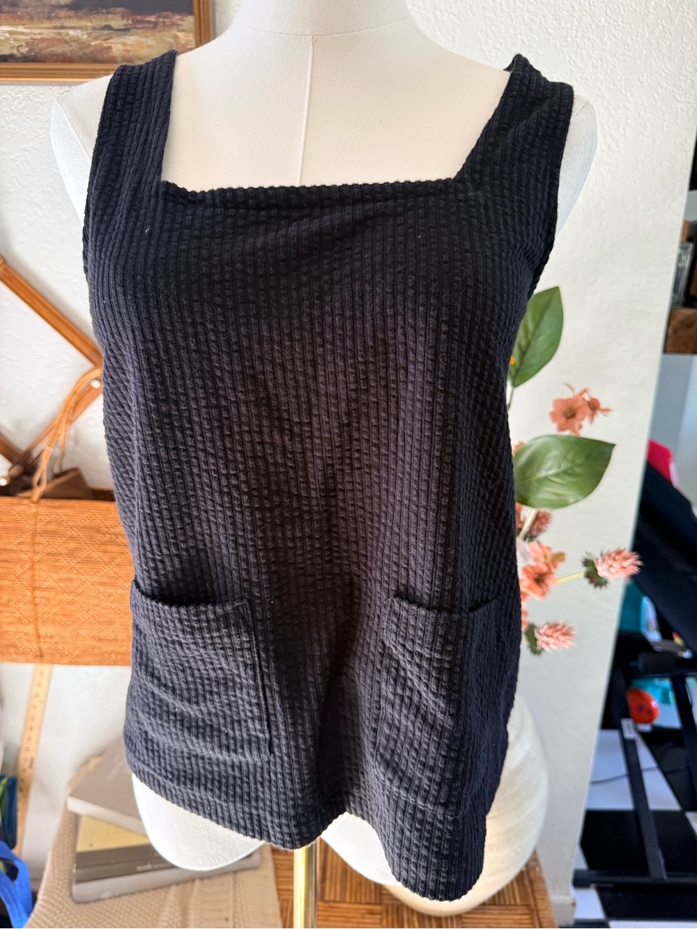 Madewell Black Textured Square-Neck Tank with Front Pockets